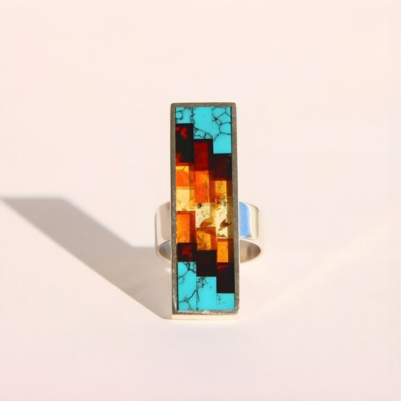 Turquoise and Baltic Amber Mosaic Ring- Sterling Silver -Adjustable Size - Picture 2 of 7